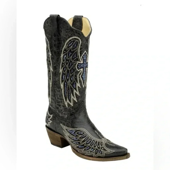 Corral Boots A2651 Black-Bone Wing & Cross Crystals Inlay - Picture 1 of 16